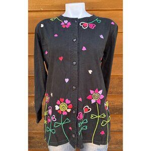 VIntage Michael Simon Lite Embroidered Black Button Down Floral Shirt Size S